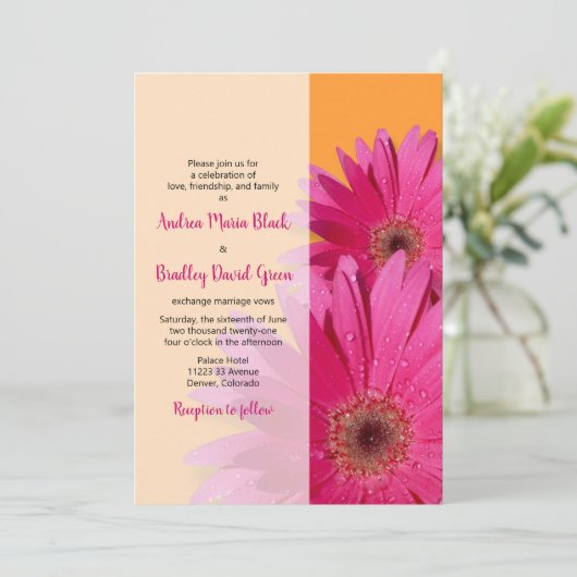 Sinaasappel met roze Gerbera Daisy Wedding Invitat Kaart (Staand voorkant)