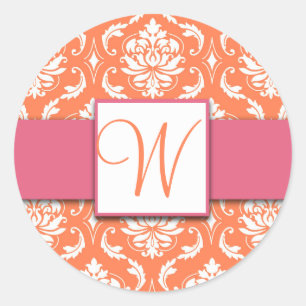 Sinaasappel Monogram Damast Roze Bruiloft Stickers