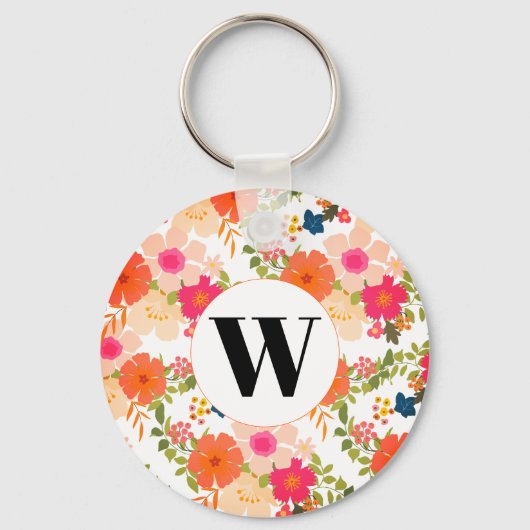 Sinaasappel Monogram Floral Waterverf Sleutelhanger (Voorkant)