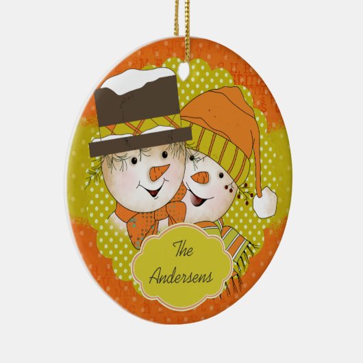 Sinaasappel/Mustard Dotted Snowmen Holiday Ornamen Keramisch Ornament (Rechts)