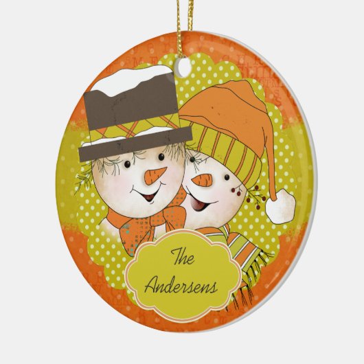 Sinaasappel/Mustard Dotted Snowmen Holiday Ornamen Keramisch Ornament (Links)