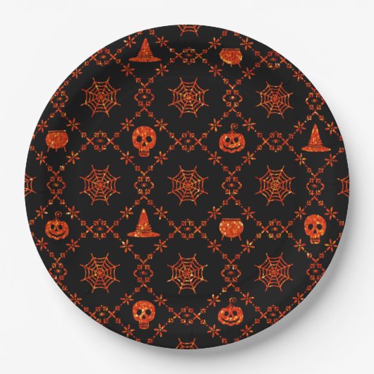 Sinaasappel op Black Halloween Pattern Papieren Bordje (Voorkant)