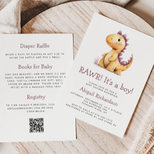 Sinaasappel Paarse Dinosaur QR Code Jongen Baby Bo Kaart