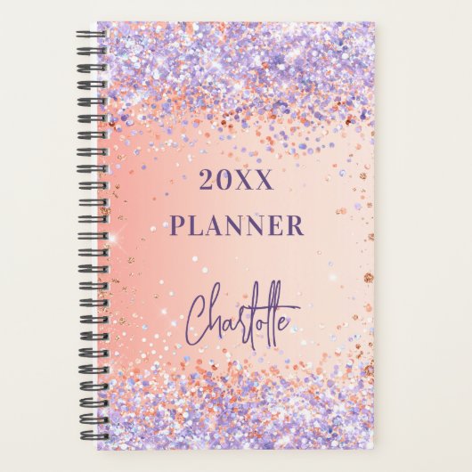 Sinaasappel paarse roos Goud Violet Glitter Script Planner (Voorkant)