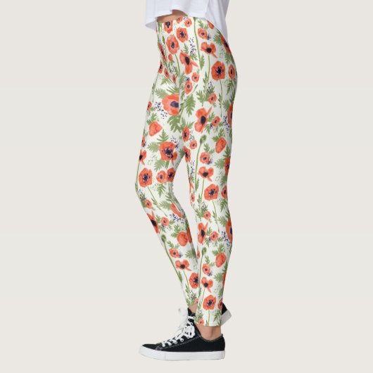 Sinaasappel papavers Waterverf Floral Pattern Leggings (Links)