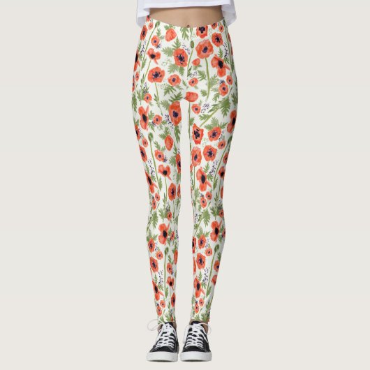 Sinaasappel papavers Waterverf Floral Pattern Leggings (Voorkant)
