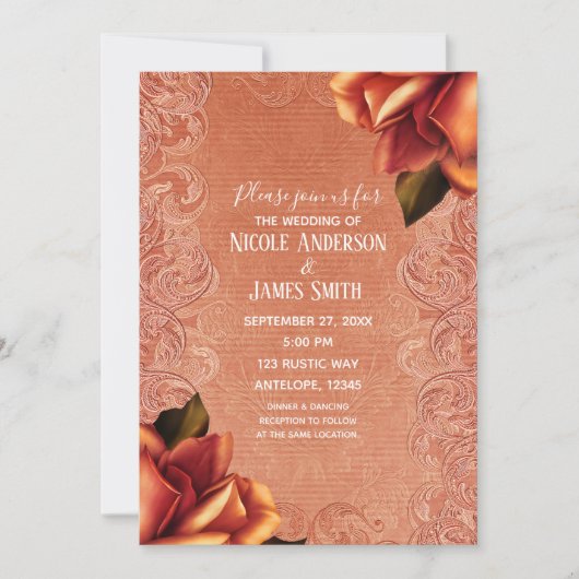 Sinaasappel Perzik  Antiek Roos Elegante bruiloft Kaart (Voorkant)