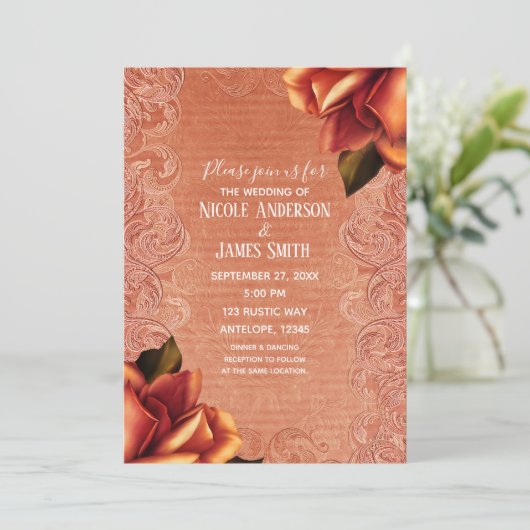 Sinaasappel Perzik  Antiek Roos Elegante bruiloft Kaart (Staand voorkant)