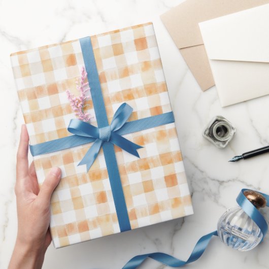 Sinaasappel Perzik Witte Gestreepte Plaid Verjaard Cadeaupapier (Geschenken)