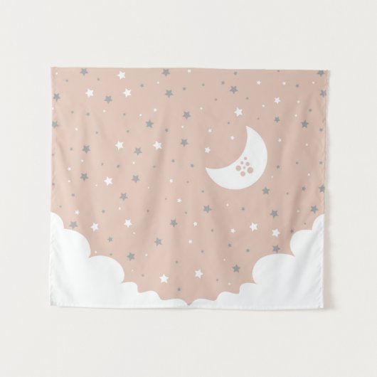 Sinaasappel Pink Moon en Stars Night Sky Wandkleed (Voorkant (horizontaal))