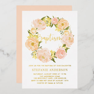 Sinaasappel Pioen Bloemen Krans Baby Meisje Doop Folie Uitnodiging