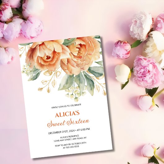 Sinaasappel Pioen Gouden Bladgroen 16e Verjaardag Kaart