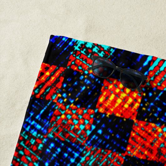 Sinaasappel plaid bijna rood, blauw en faux dirty strandlaken (In situ)