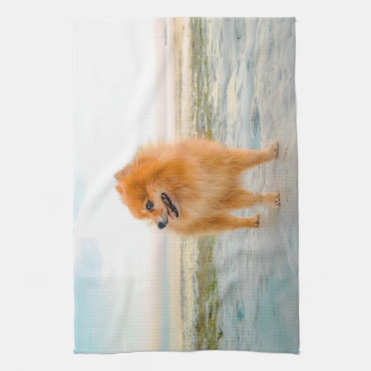 Sinaasappel Pommeren in Sandy Beach Theedoek (Verticaal)