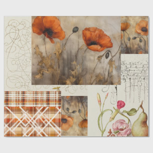 Sinaasappel Poppies & Plaid voor Decoupage of Gift Cadeaupapier