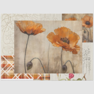 Sinaasappel Poppies & Plaid voor Decoupage of Gift Tissuepapier