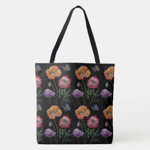 Sinaasappel Poppy Black Floral Waterverf Canvas ta Tote Bag