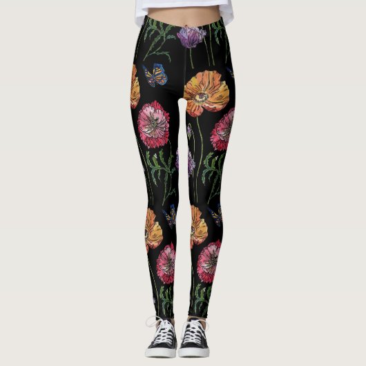 Sinaasappel Poppy Black Floral Waterverf Leggings (Voorkant)