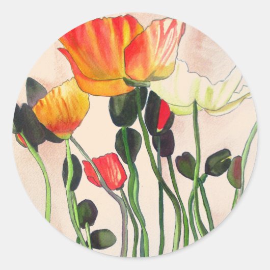 Sinaasappel Poppy bloemetjes perzik boho bruiloft Ronde Sticker (Voorkant)