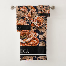  Sinaasappel Poppy Floral Naam Zwart Bad Handdoek