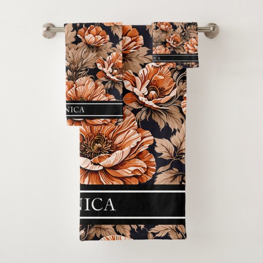  Sinaasappel Poppy Floral Naam Zwart Bad Handdoek (Insitu)