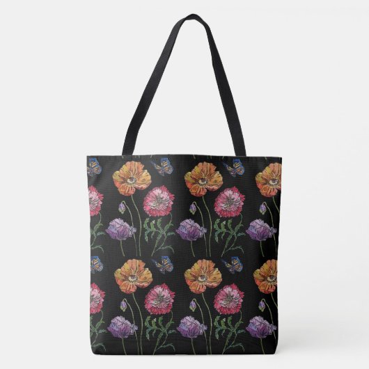 Sinaasappel Poppy Zwart Bloemen Waterverf Canvas t Tote Bag (Voorkant)