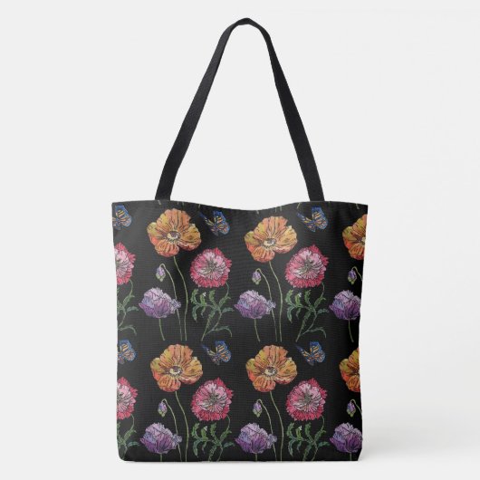 Sinaasappel Poppy Zwart Bloemen Waterverf Canvas t Tote Bag (Achterkant)
