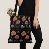 Sinaasappel Poppy Zwart Bloemen Waterverf Canvas t Tote Bag (Dichtbij)