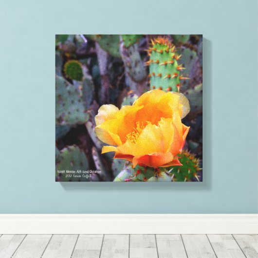 Sinaasappel Prickly Pear Cactus Bloesem Bloesem Canvas Afdruk (Insitu (Houten vloer))