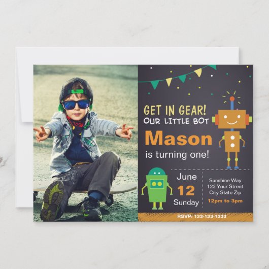 Sinaasappel Robot Verjaardagsuitnodiging met foto Kaart (Voorkant)
