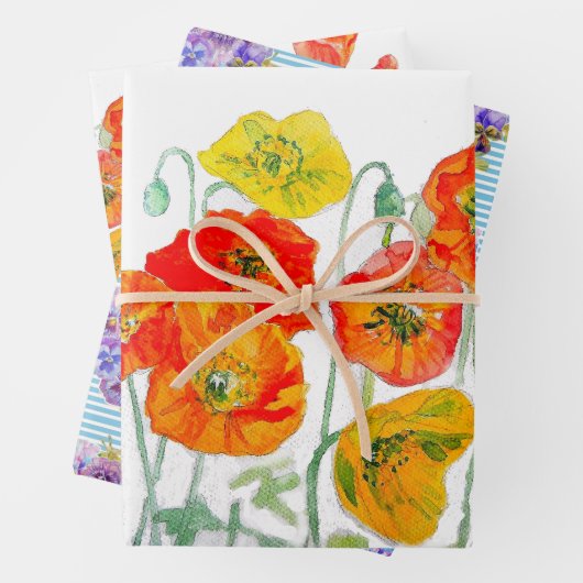 Sinaasappel Rode Klaproos Bloem Patroon Aquarel Inpakpapier Vel (In situ)