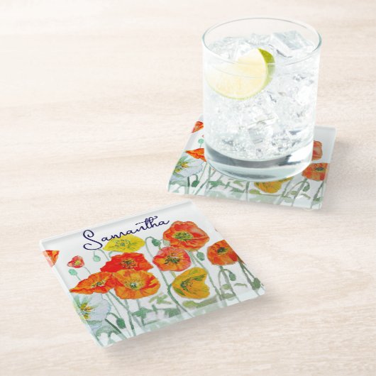 Sinaasappel Rode Klaproos Bloem Patroon Dank U Glazen Onderzetter (Schuin)