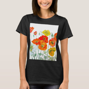 Sinaasappel Rode Klaproos Bloem Patroon Waterverf T-shirt