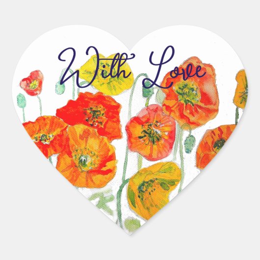 Sinaasappel Rode Klaproos Bloempatroon Met Liefde Hart Sticker (Voorkant)