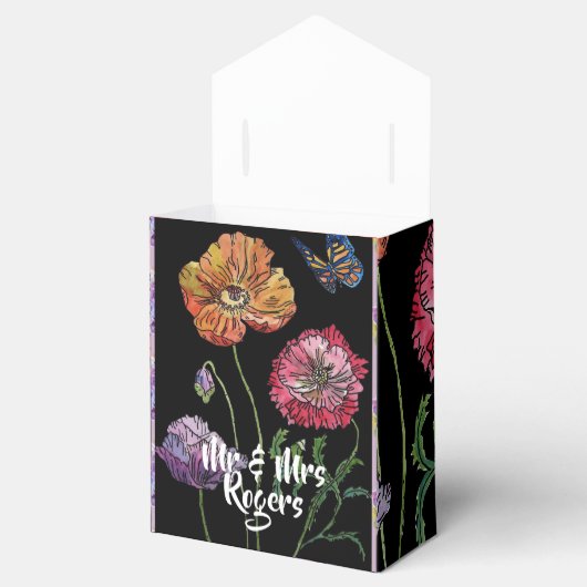 Sinaasappel Rode Klaproos op Zwarte bloemige Huwel Bedankdoosjes (Geopend)