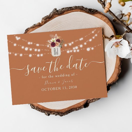 Sinaasappel roestbruine bloemlichten bruiloft save the date
