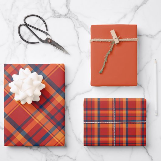 Sinaasappel, Rood & Blauw Plaid Inpakpapier Vel (Voorkant)