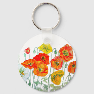 Sinaasappel Rood Geel Poppy Waterverf Art Wit Sleutelhanger