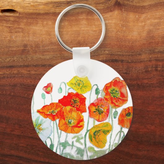 Sinaasappel Rood Geel Poppy Waterverf Art Wit Sleutelhanger (Achterkant)