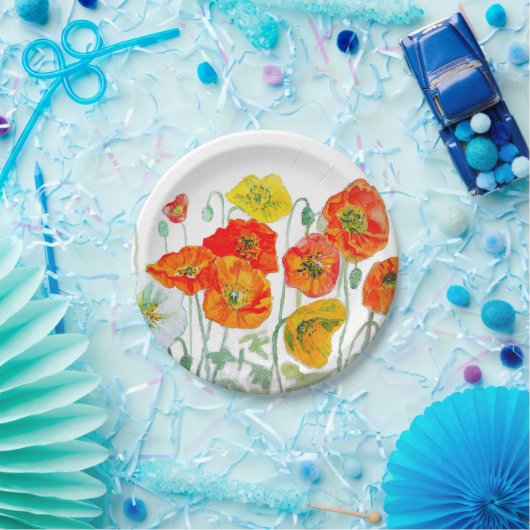 Sinaasappel Rood Geel Poppy Waterverf Kussen Wit Papieren Bordje (Feest)