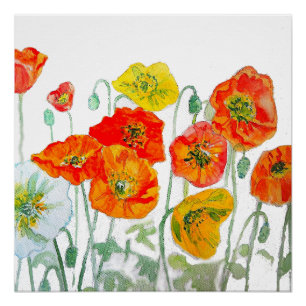 Sinaasappel Rood Geel Poppy Waterverf Kussen Wit Perfect Poster