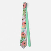 Sinaasappel Roos Gold Waterverf Floral op Neo Mint Stropdas (Voorkant)