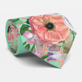 Sinaasappel Roos Gold Waterverf Floral op Neo Mint Stropdas (Opgerold)