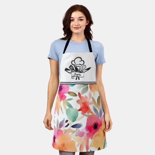 Sinaasappel & Roze Bloemen Gepersonaliseerd Schort (Gedragen)