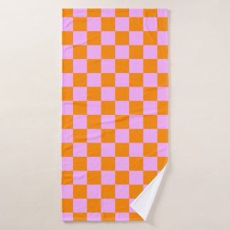 Sinaasappel + Roze Checkered-schaakbordpatroon Badhanddoek