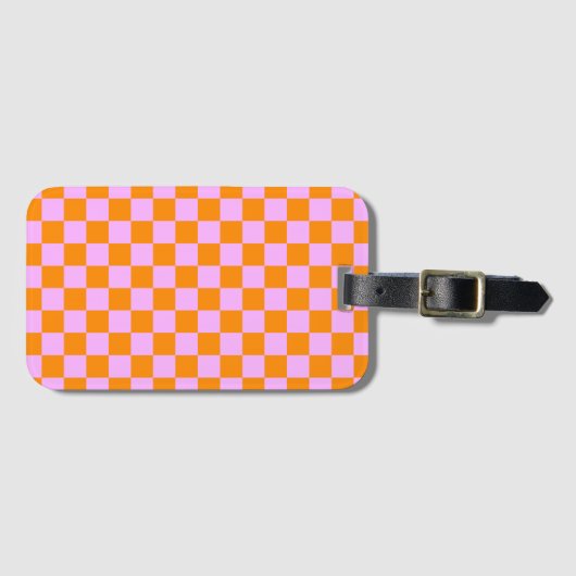 Sinaasappel + Roze Checkered-schaakbordpatroon Bagagelabel (Voorkant (horizontaal))