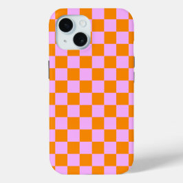Sinaasappel + Roze Checkered-schaakbordpatroon iPhone 15 Case