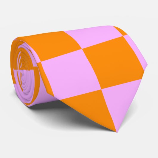 Sinaasappel + Roze Checkered-schaakbordpatroon Stropdas (Opgerold)