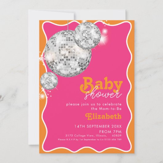 Sinaasappel Roze Disco Ball Baby shower Party Desi Kaart (Voorkant)