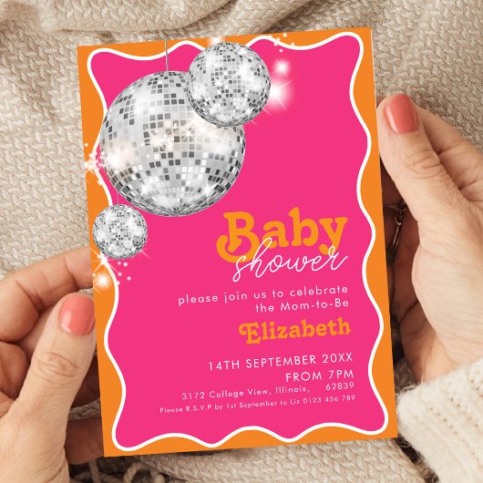 Sinaasappel Roze Disco Ball Baby shower Party Desi Kaart